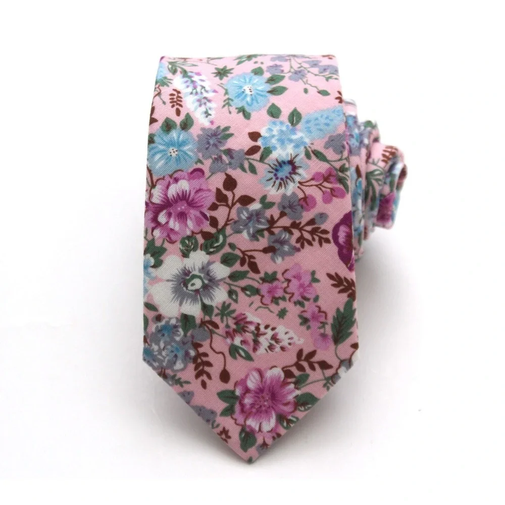 Men's Skinny Necktie Pink Floral Cotton Tie 2.5